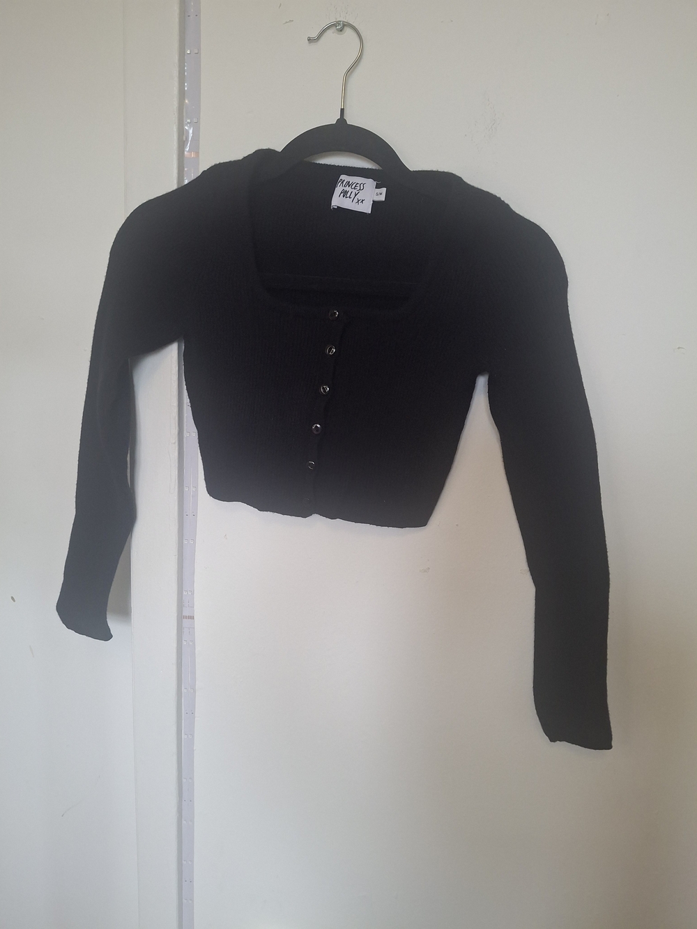 Princess Polly Black Ribbed Knit Cropped Button Square Neck Cardigan S/M